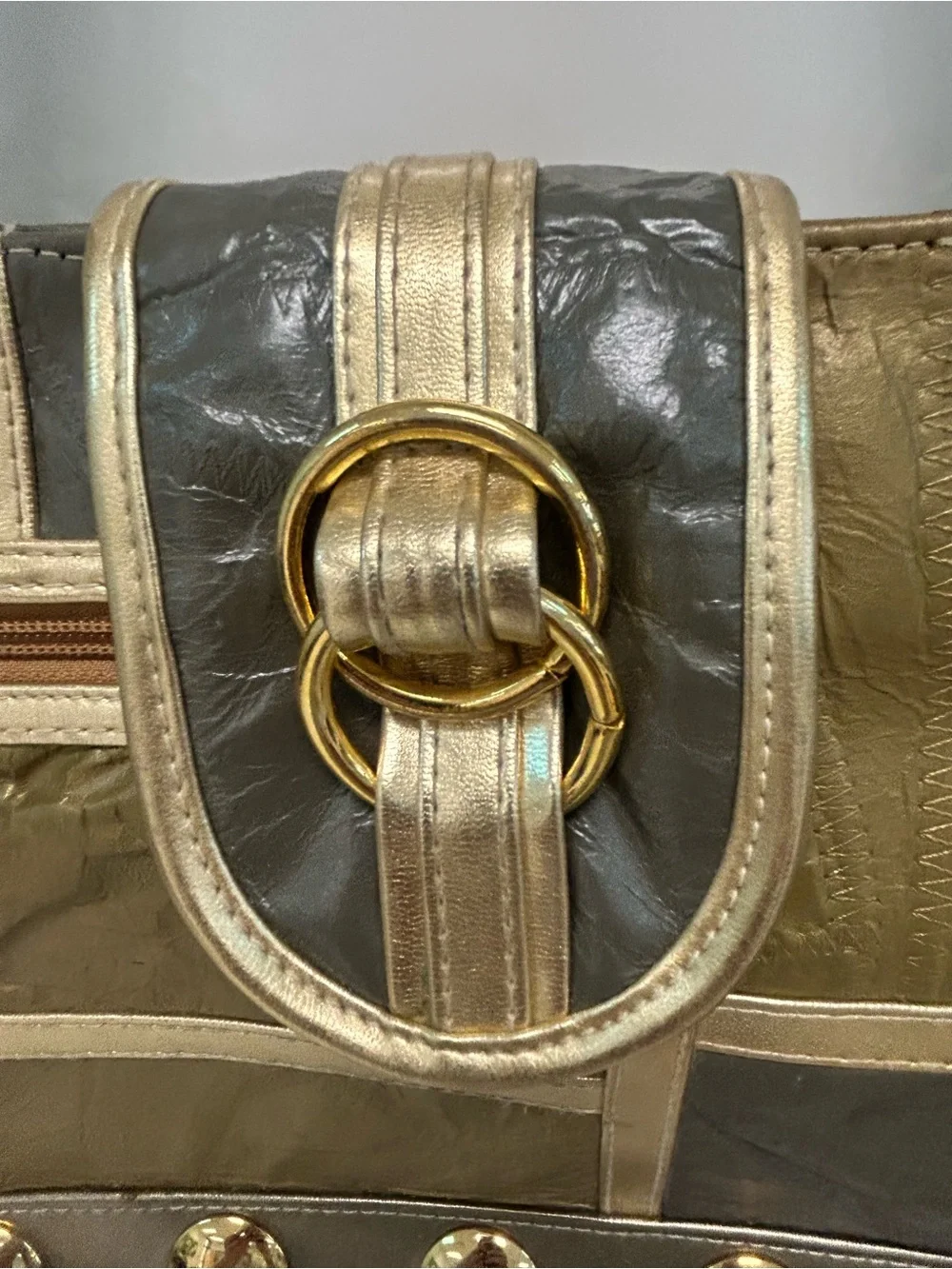 Vintage Warren Reed leather Metallic Patchwork Shoulder Bag with Gold Accents